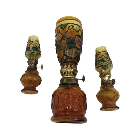 AMBER Glass Miniature Oil LAMP Trio With Hand-Painted Detailing Vintage - Picture 4 of 11